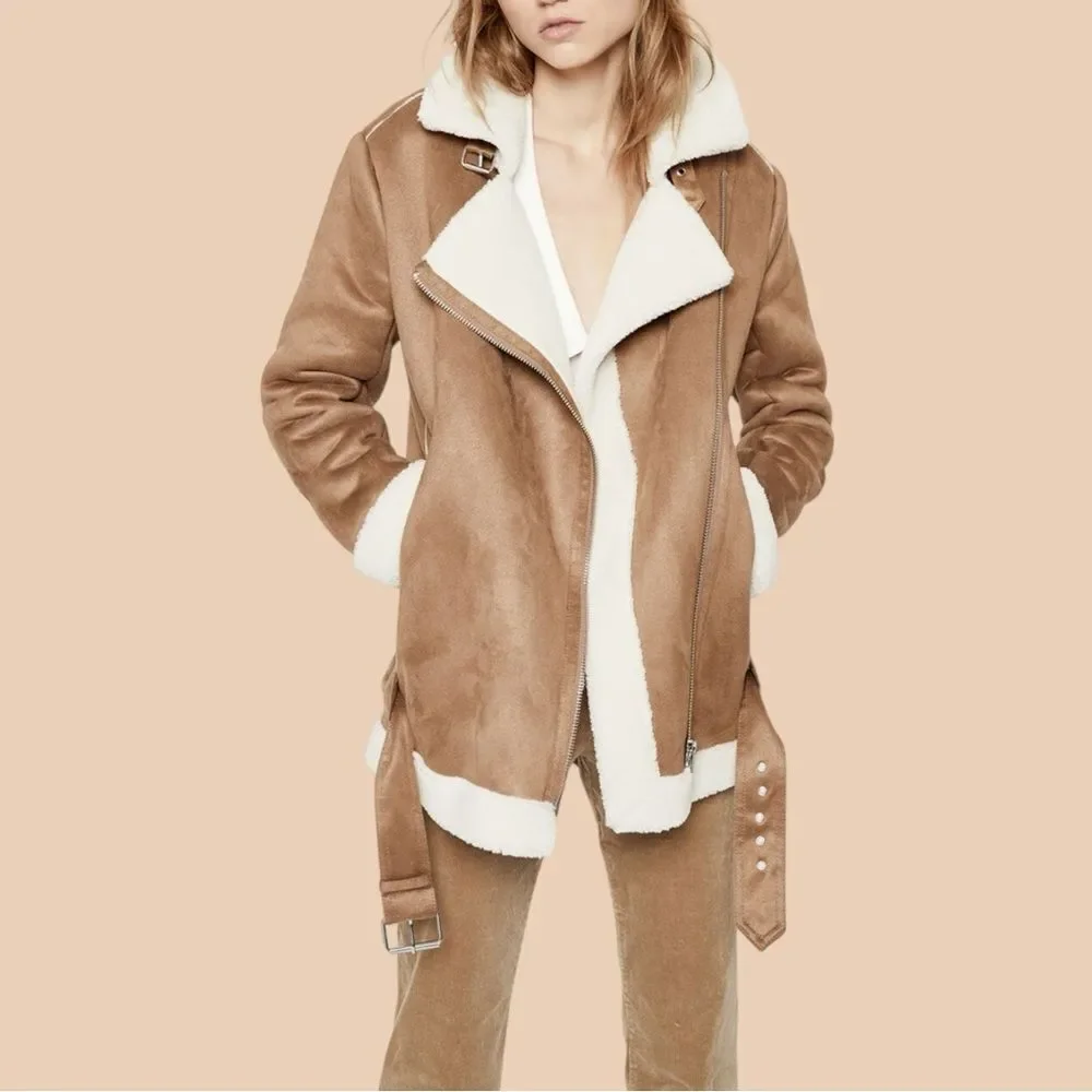 NWT BARDOT Shearling Camel Moto Jacket XL
